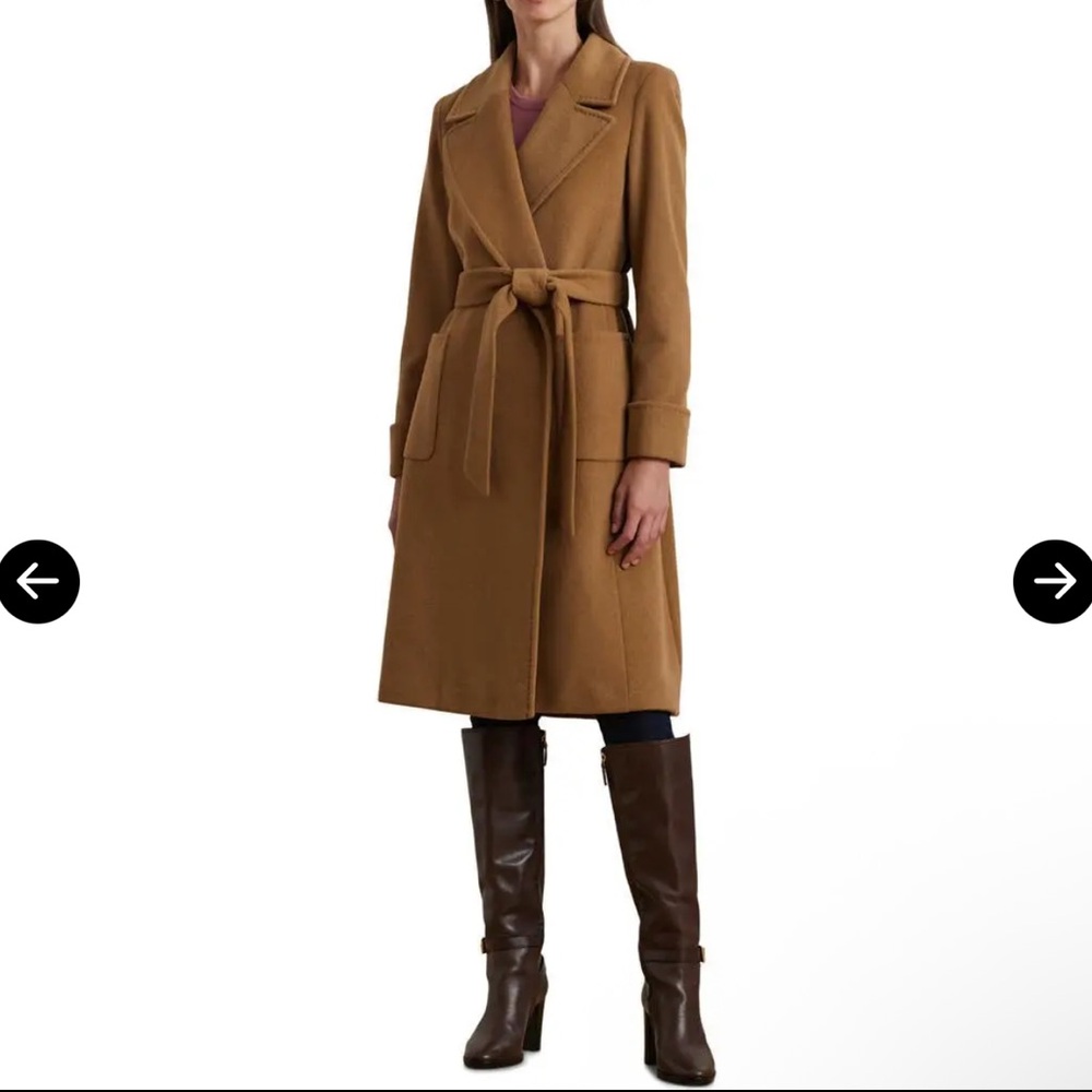NWT Lauren Ralph Lauren Double-Faced Wool Wrap Coat Honey Tan Belted Size 16